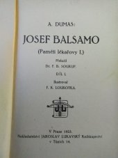 kniha Paměti lékařovy  Díl I. - Josef Balsamo I., J. Lukavský 1923