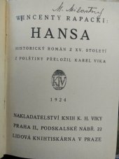 kniha Hansa Histor. rom. z XV. stol., Vika 1924