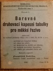 kniha Barevné druhovací kapesní tabulky pro měkké řezivo sestaveny podle nařízení předsedy vlády ze dne 23. I. 1940, čís. 65 Sbírky zák. a nař., potřebné pro bezpečné třídění a značkování - při rámu pro pilaře, při druhování na složišti pro dělníky, při kontrole prováděné kupujícím, při odběru pro skladiště dře, Hospodářská skupina průmyslu pil 1940